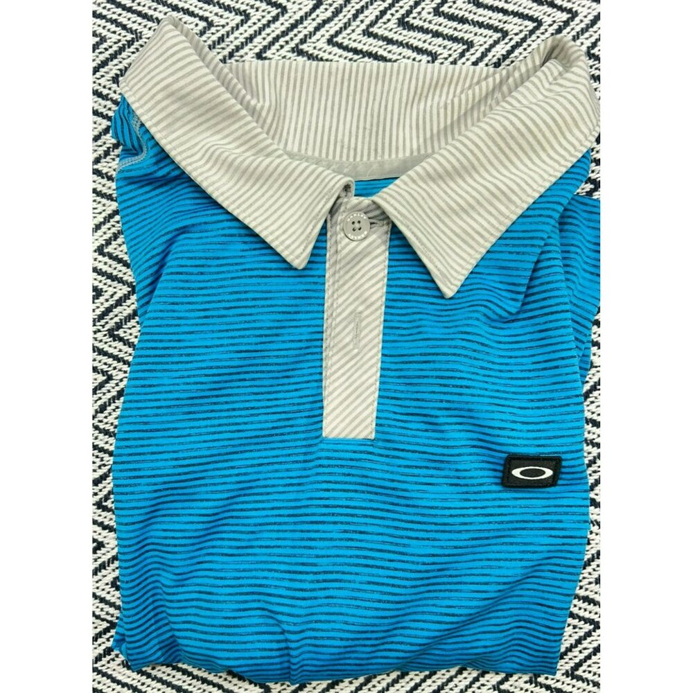 Oakley Mens Blue & Gray Striped Polo Shirt Size M Lightweight Polyester Blend